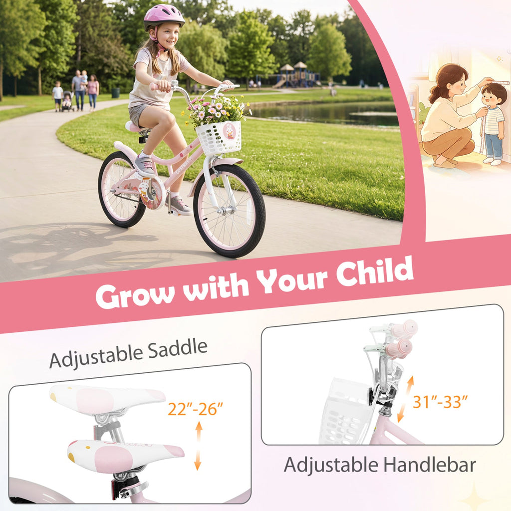 18" Kids Bike with Training Wheels, Front Basket & Dual Brakes