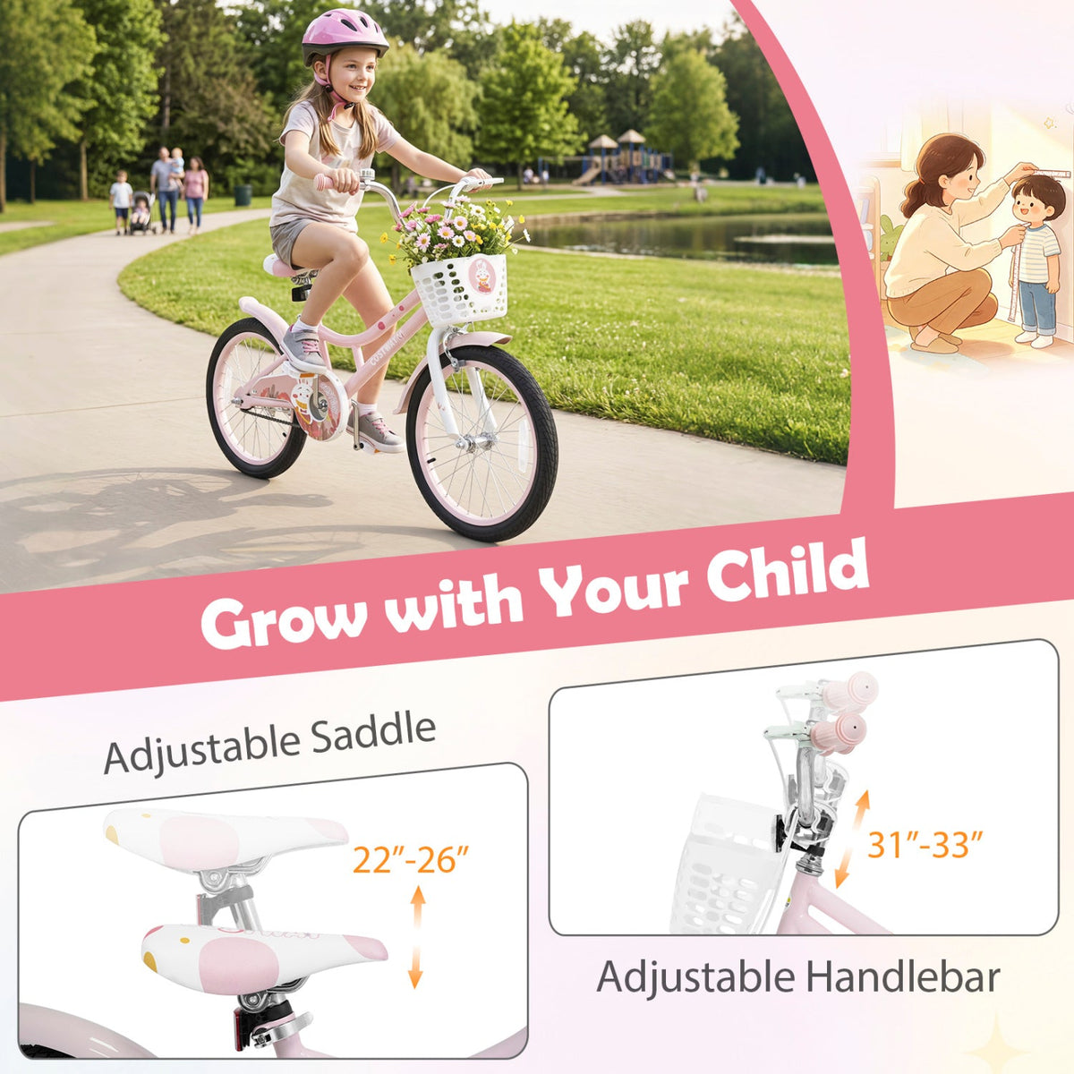18" Kids Bike with Training Wheels, Front Basket & Dual Brakes