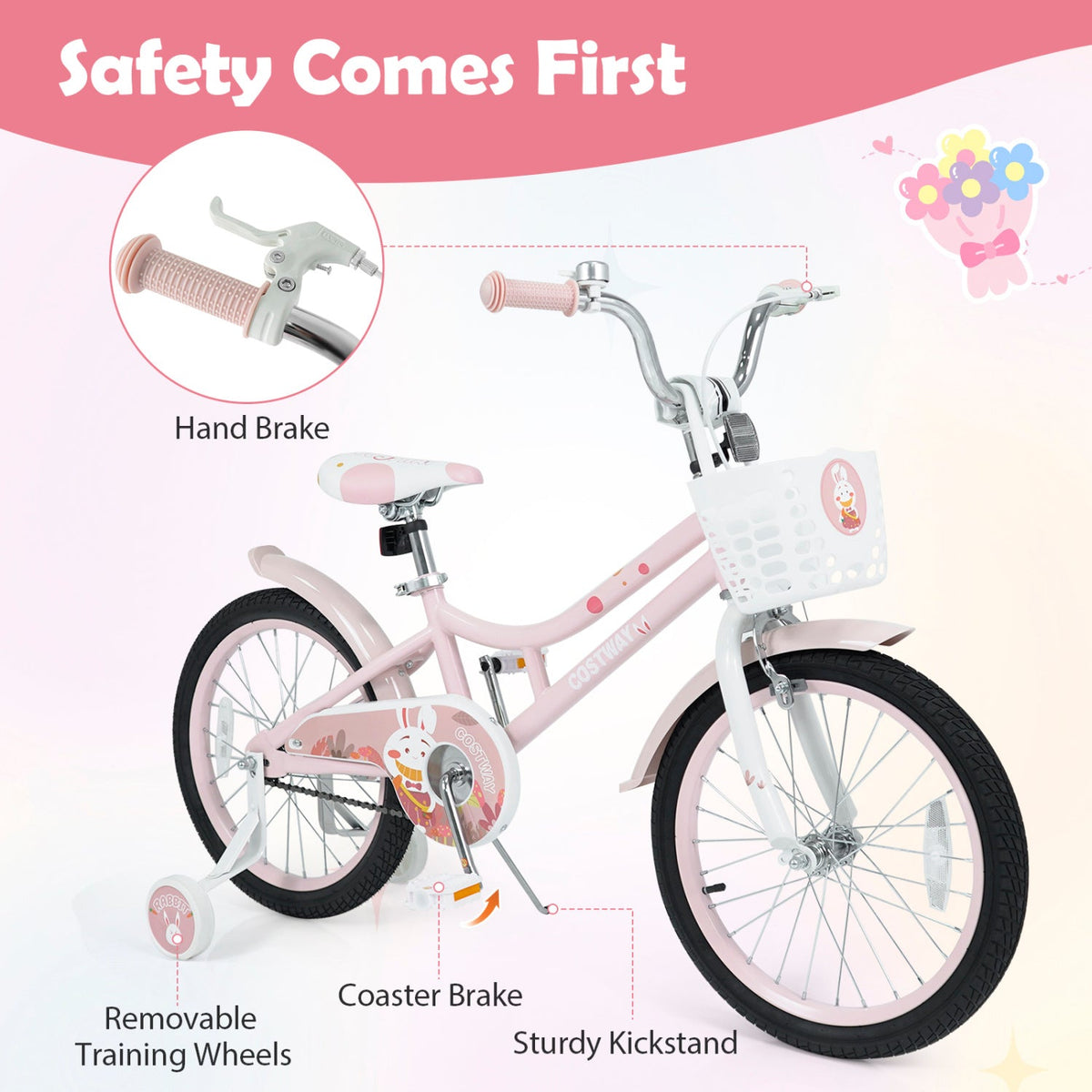 18" Kids Bike with Training Wheels, Front Basket & Dual Brakes