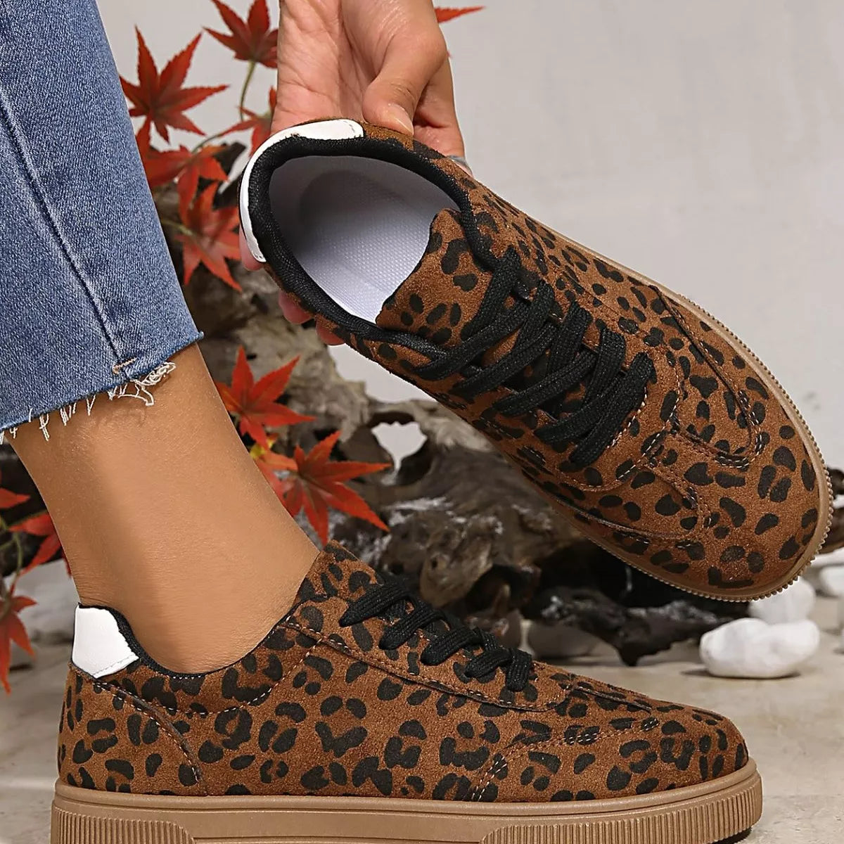 Women's Leopard Print Suede Lace-Up Sneakers | Casual Flat Shoes