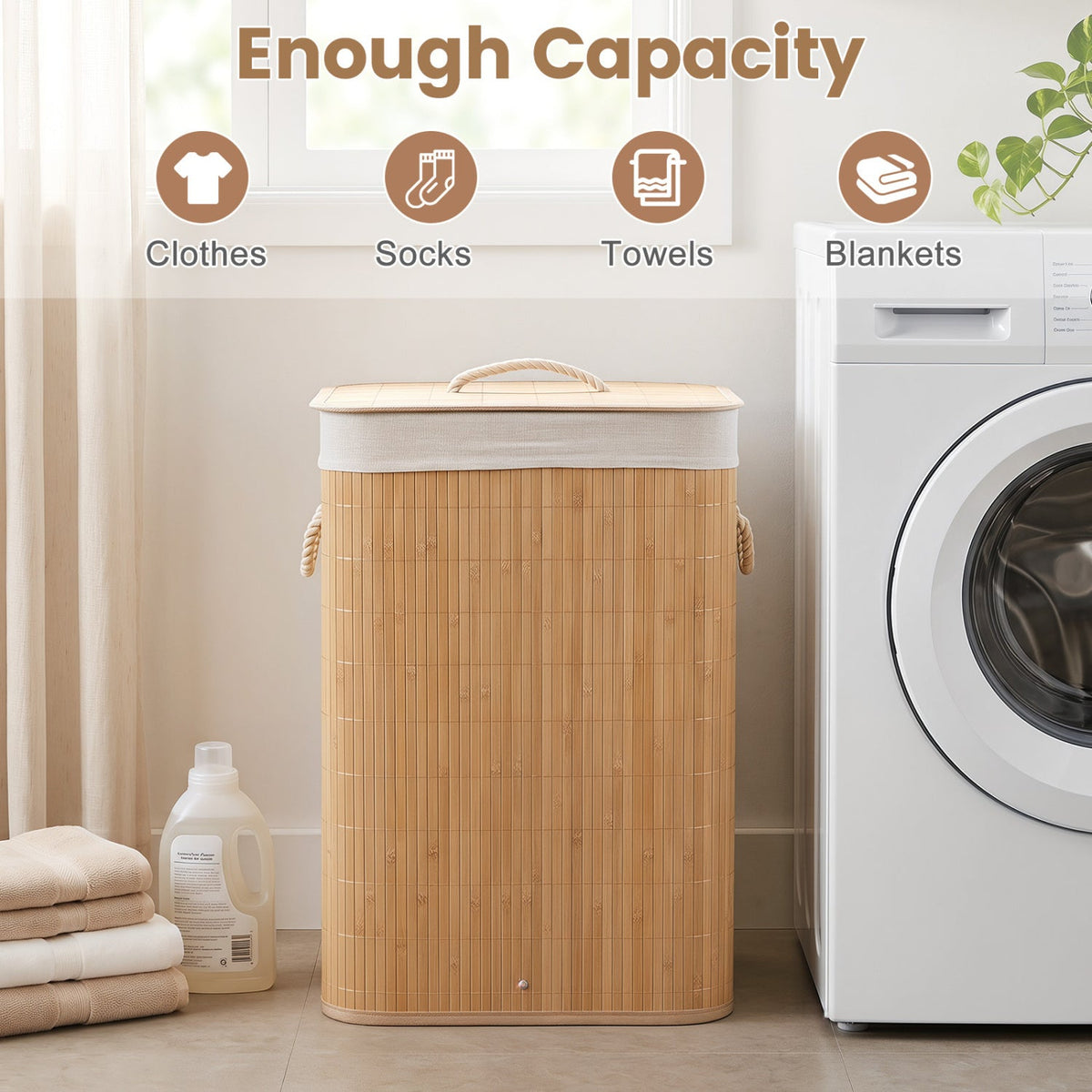 19-Gallon Bamboo Laundry Hamper with Lid & Removable Washable Liner