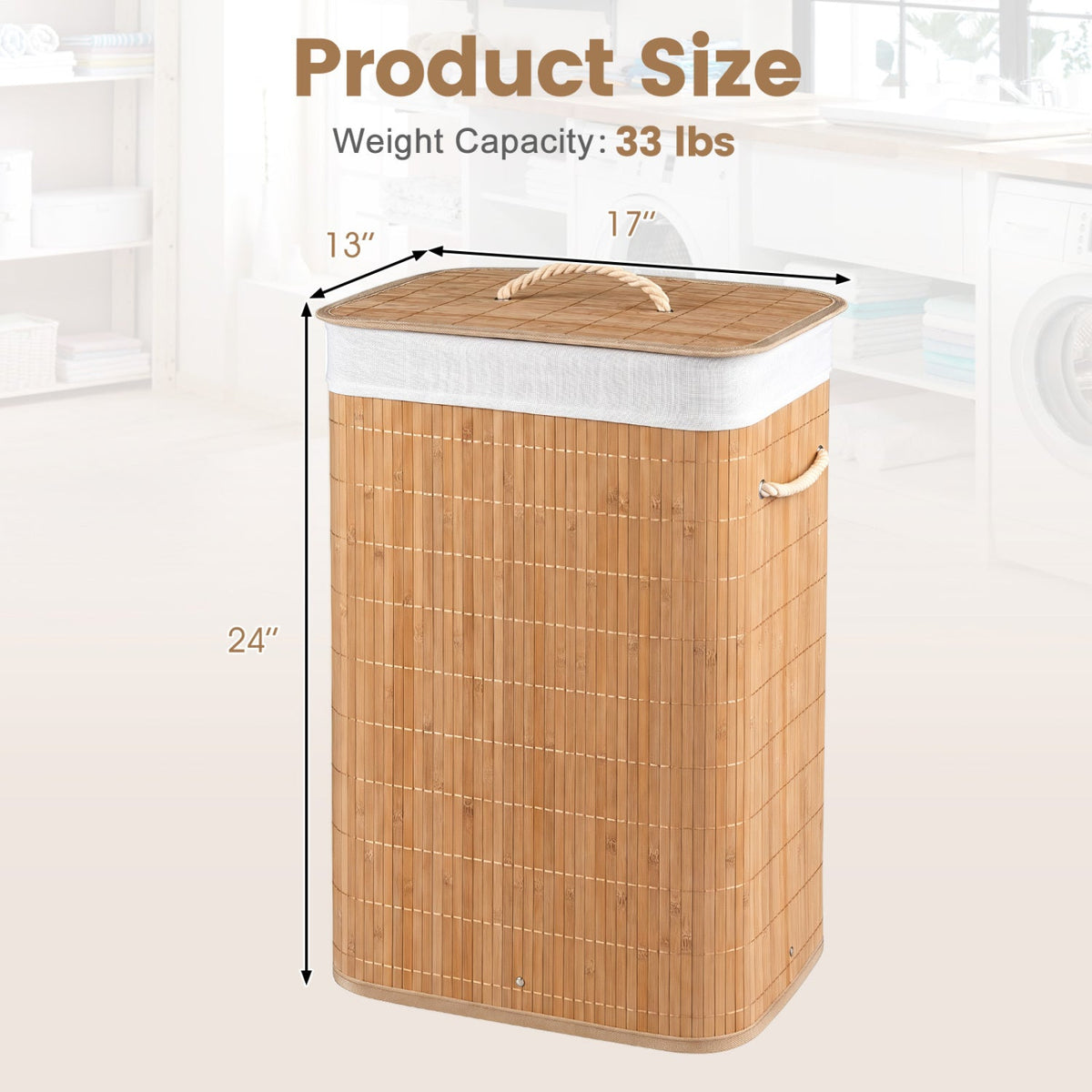 19-Gallon Bamboo Laundry Hamper with Lid & Removable Washable Liner