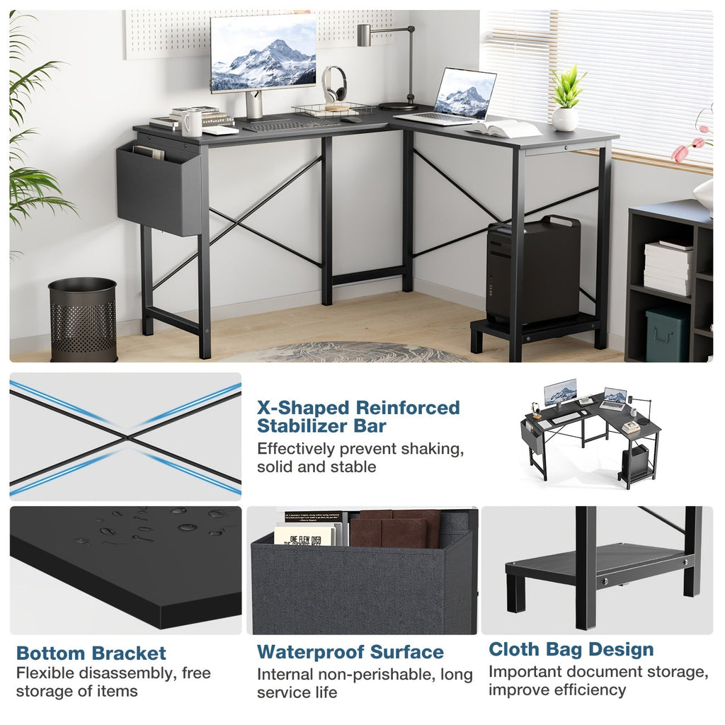 L-Shaped Corner Desk – 50" x 43", X-Brace Frame, Cloth Storage Bag, Reversible CPU Shelf | Home Office & Gaming