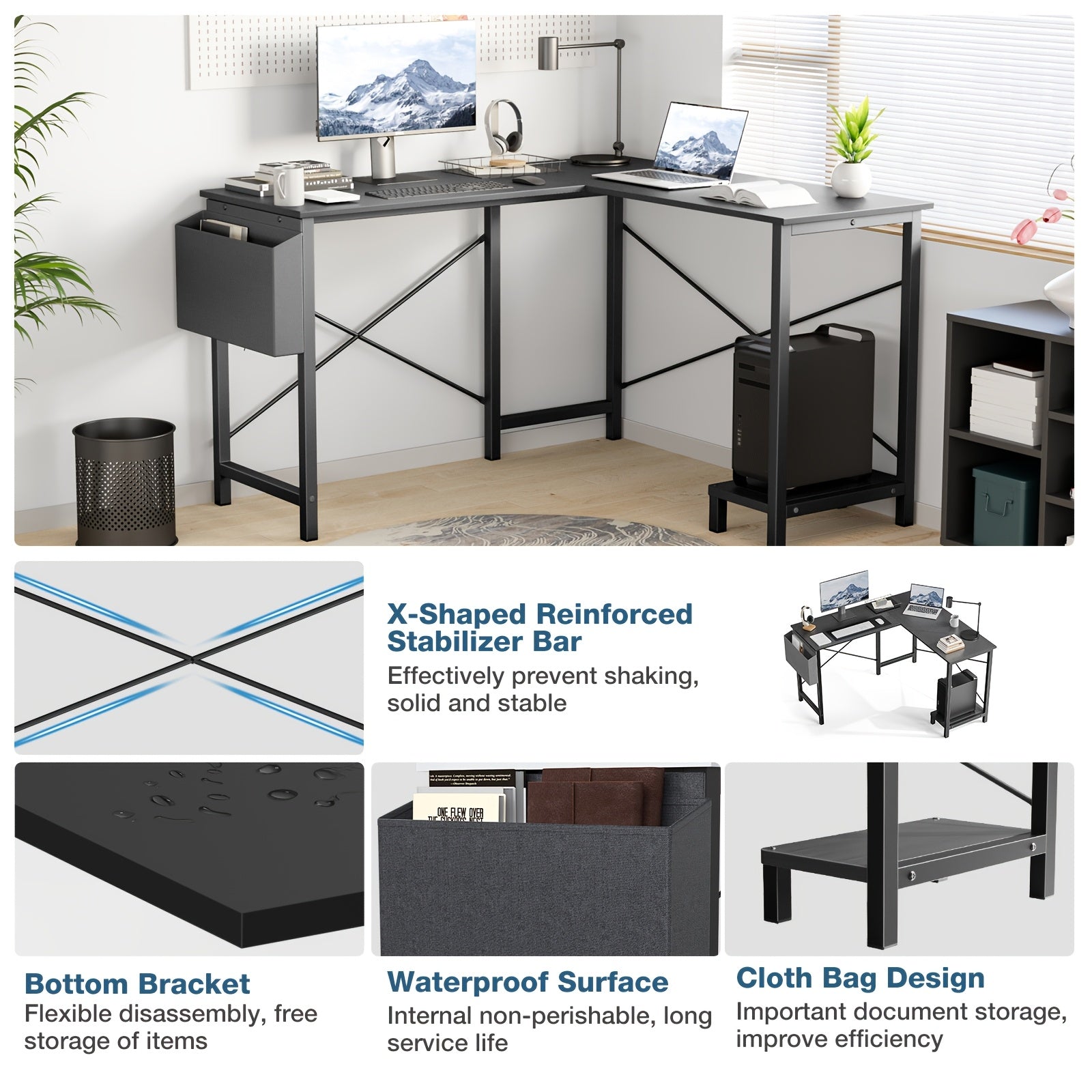 L-Shaped Corner Desk – 50" x 43", X-Brace Frame, Cloth Storage Bag, Reversible CPU Shelf | Home Office & Gaming