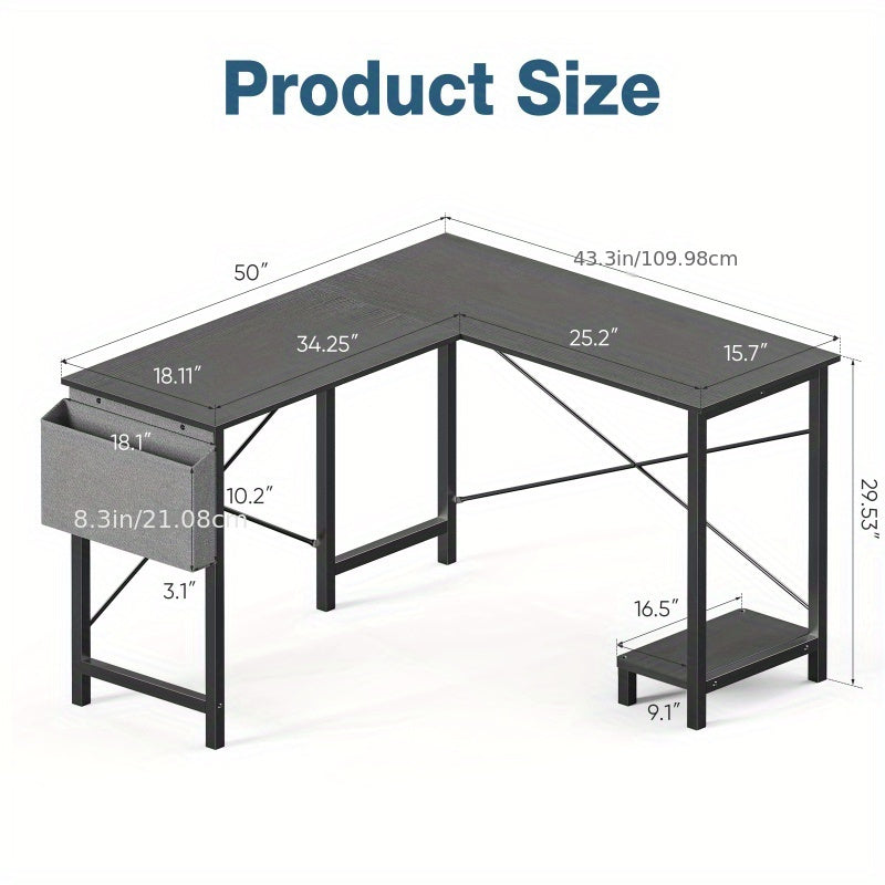L-Shaped Corner Desk – 50" x 43", X-Brace Frame, Cloth Storage Bag, Reversible CPU Shelf | Home Office & Gaming