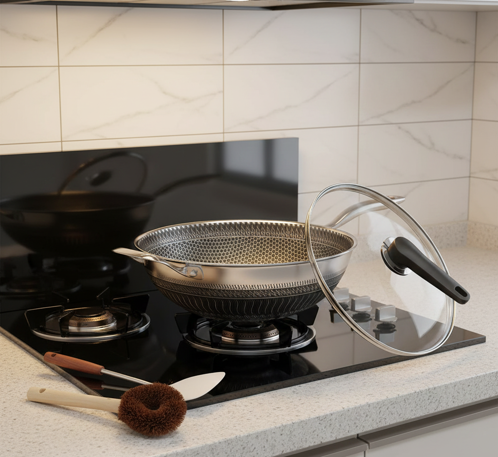 13.3" Stainless Steel Wok Pan – Honeycomb Nonstick Interior, Tempered Glass Lid | All Cooktops