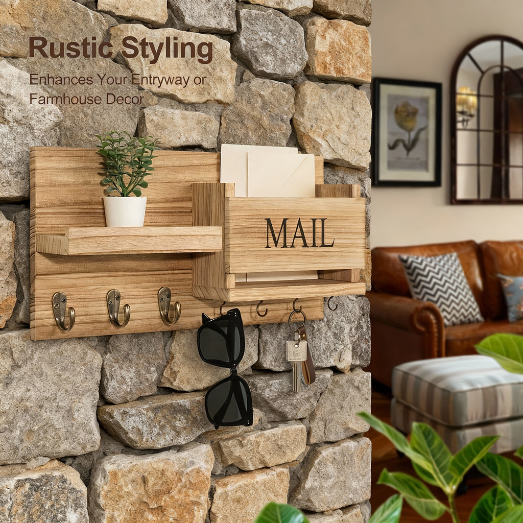 Rustic Wood Wall Organizer – Key Holder, Mail Rack & Multi-Hook Entryway Shelf