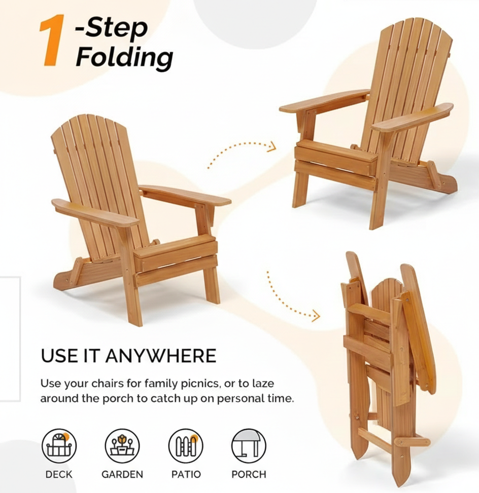 Folding Adirondack Chair – Carbonized Wood, 350 lb Capacity, Waterproof Outdoor Patio Chair