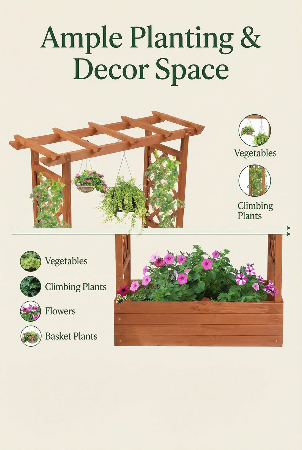 Raised Wooden Planter Box with Pergola Trellis – 100% Fir Wood, 4 Drainage Holes | Patio & Balcony