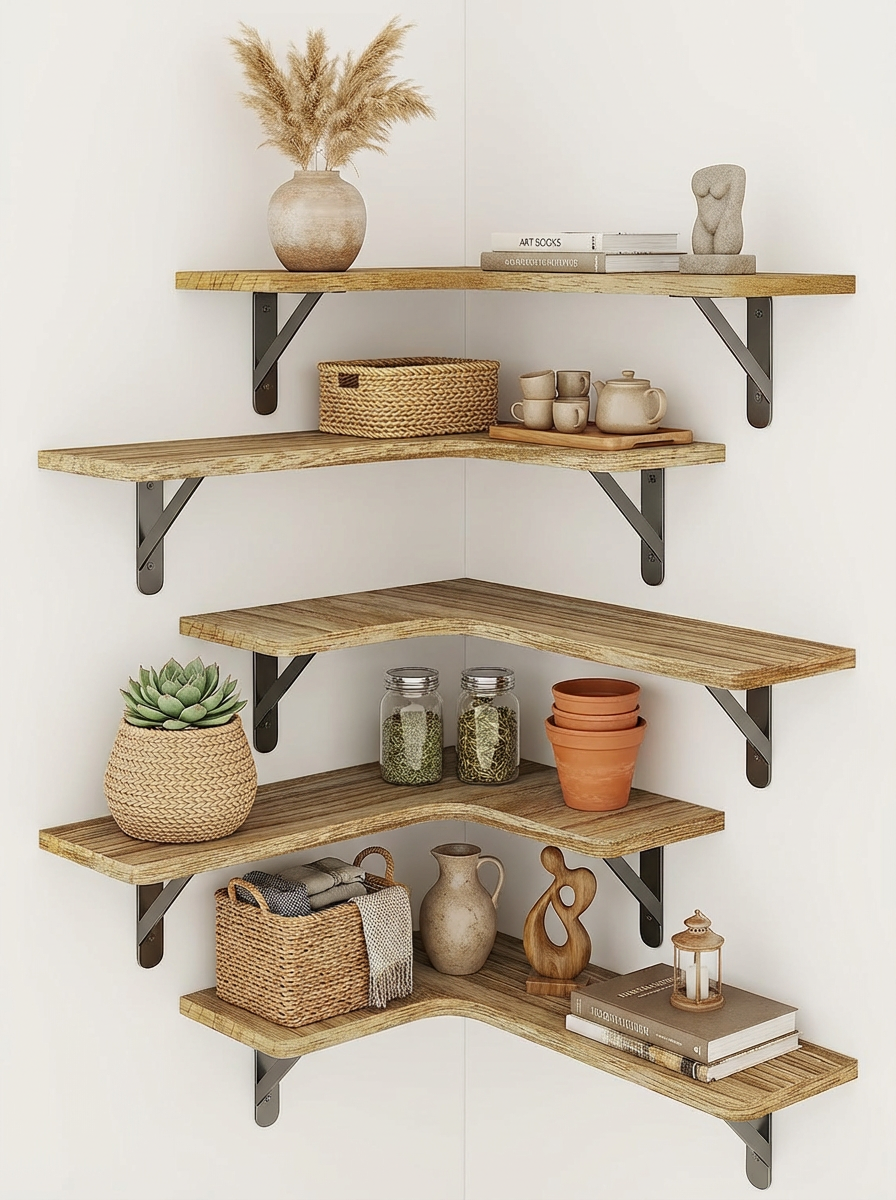 Rustic Corner Floating Shelves – Set of 5 Wall-Mounted Wood Shelves