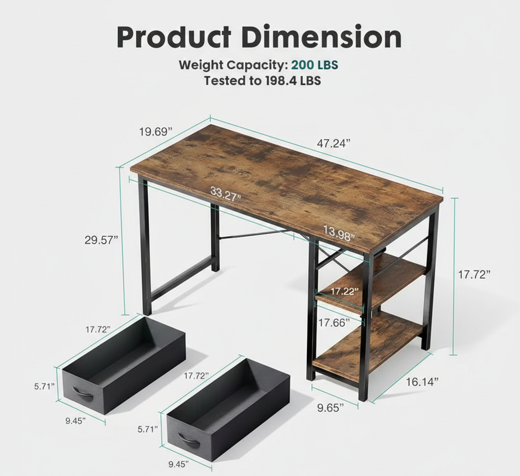Computer Desk with Fabric Storage Drawers – Modern Home Office Table, 40" & 47"
