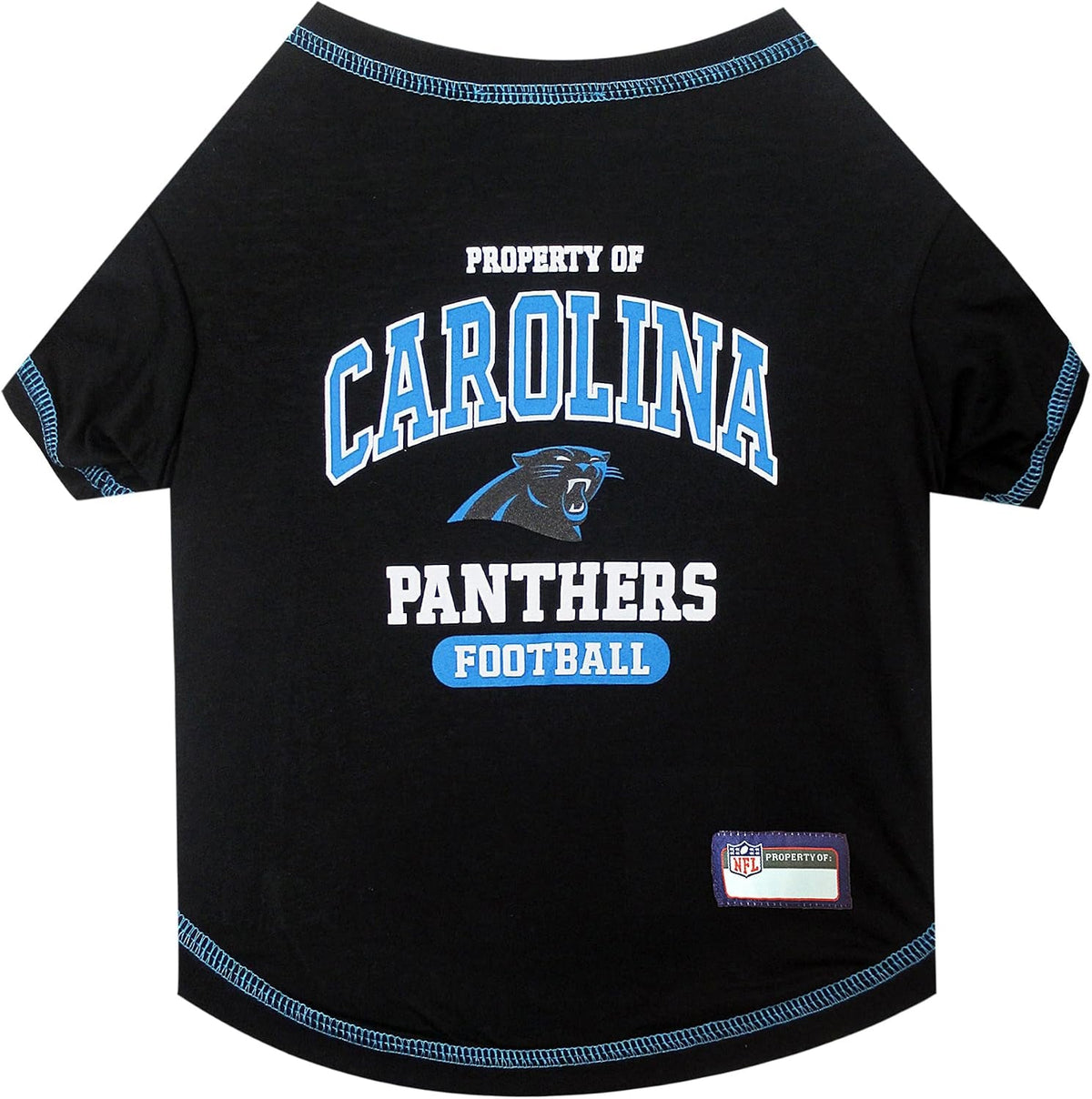 A black pet t-shirt with 'Property of Carolina Panthers Football' printed on the front, featuring the Carolina Panthers logo and a small NFL patch near the bottom hem.