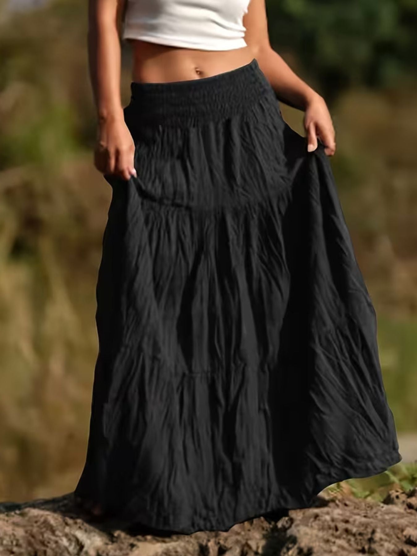 Women's Ruched Tiered Maxi Skirt | Bohemian Flowy Long Skirt
