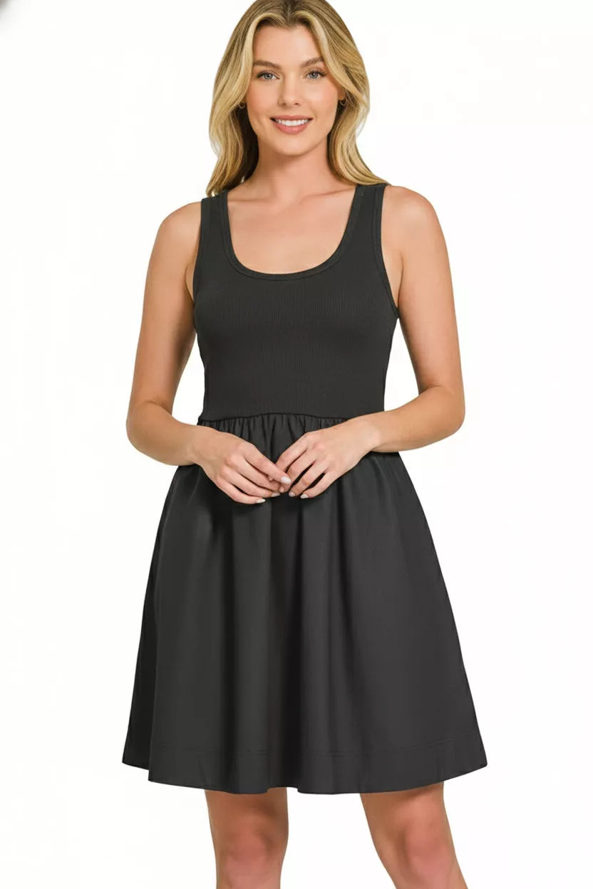 Zenana Mixed Knit & Woven Midi Dress | Black
