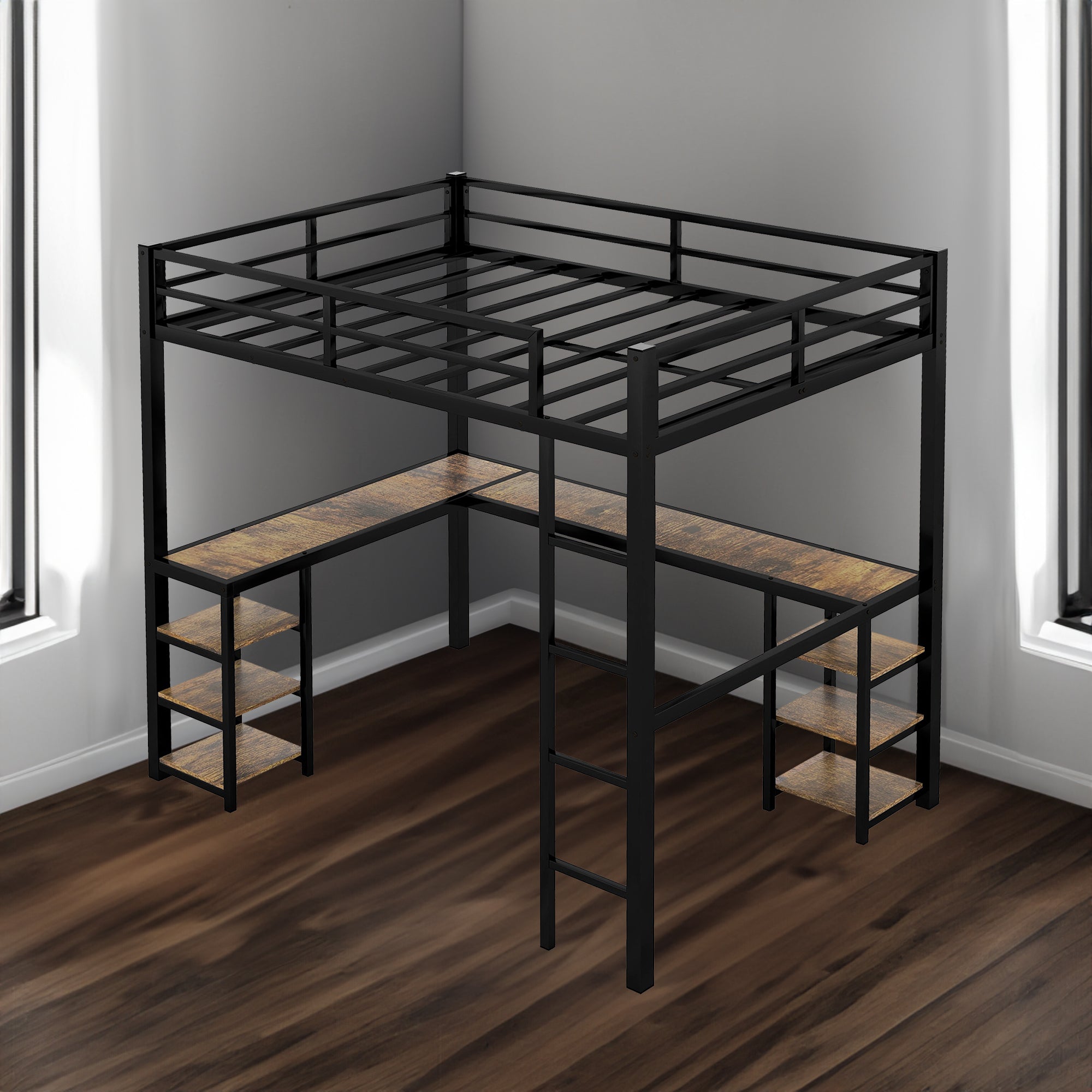 Full Metal Loft Bed with Desk, Shelves & Ladder – Full Size Space-Saving Bedroom Bed Frame