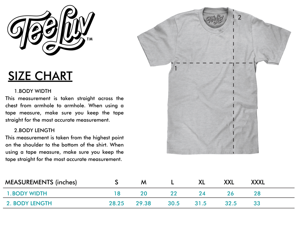 Tee Luv T-shirt size chart showing body width and length in inches for sizes S through XXXL