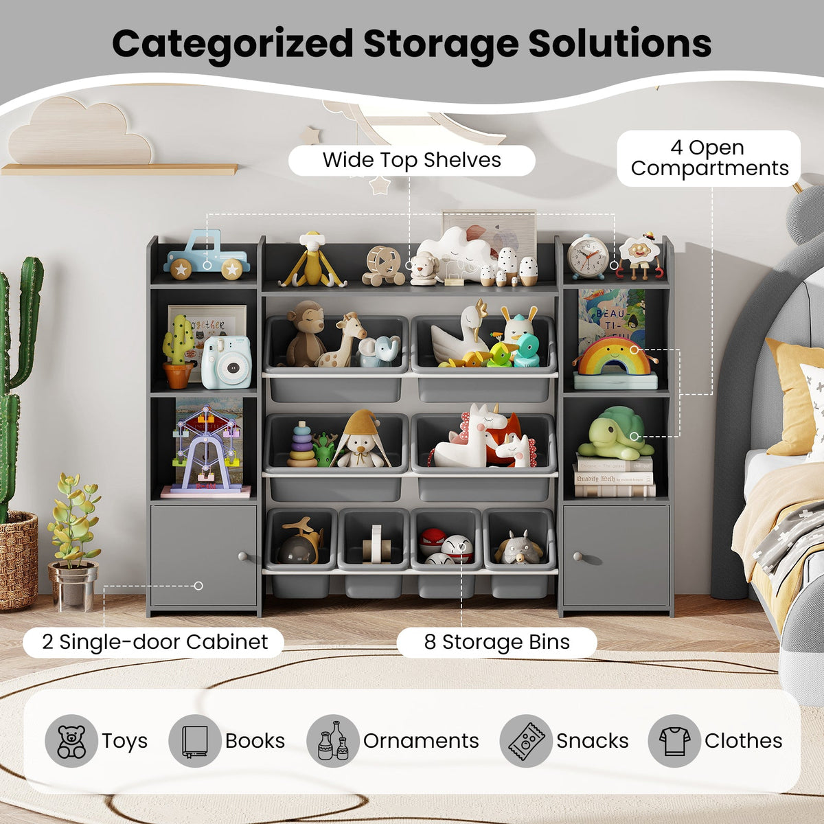 Kids Toy Storage Organizer with Bins, Cubbies & Cabinet Doors