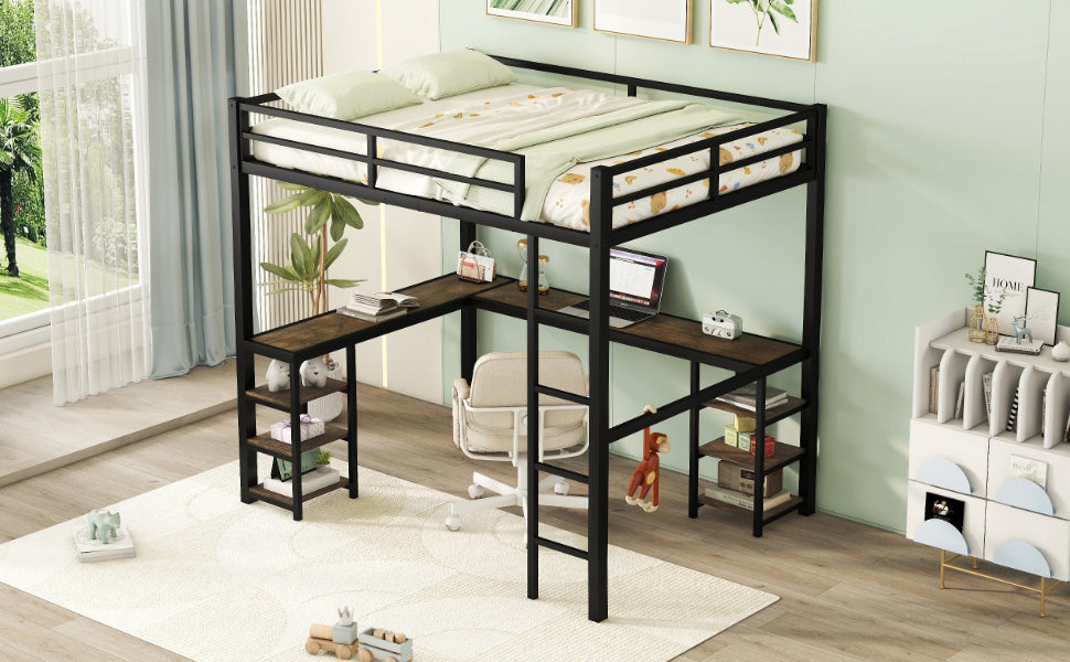 Full Metal Loft Bed with Desk, Shelves & Ladder
