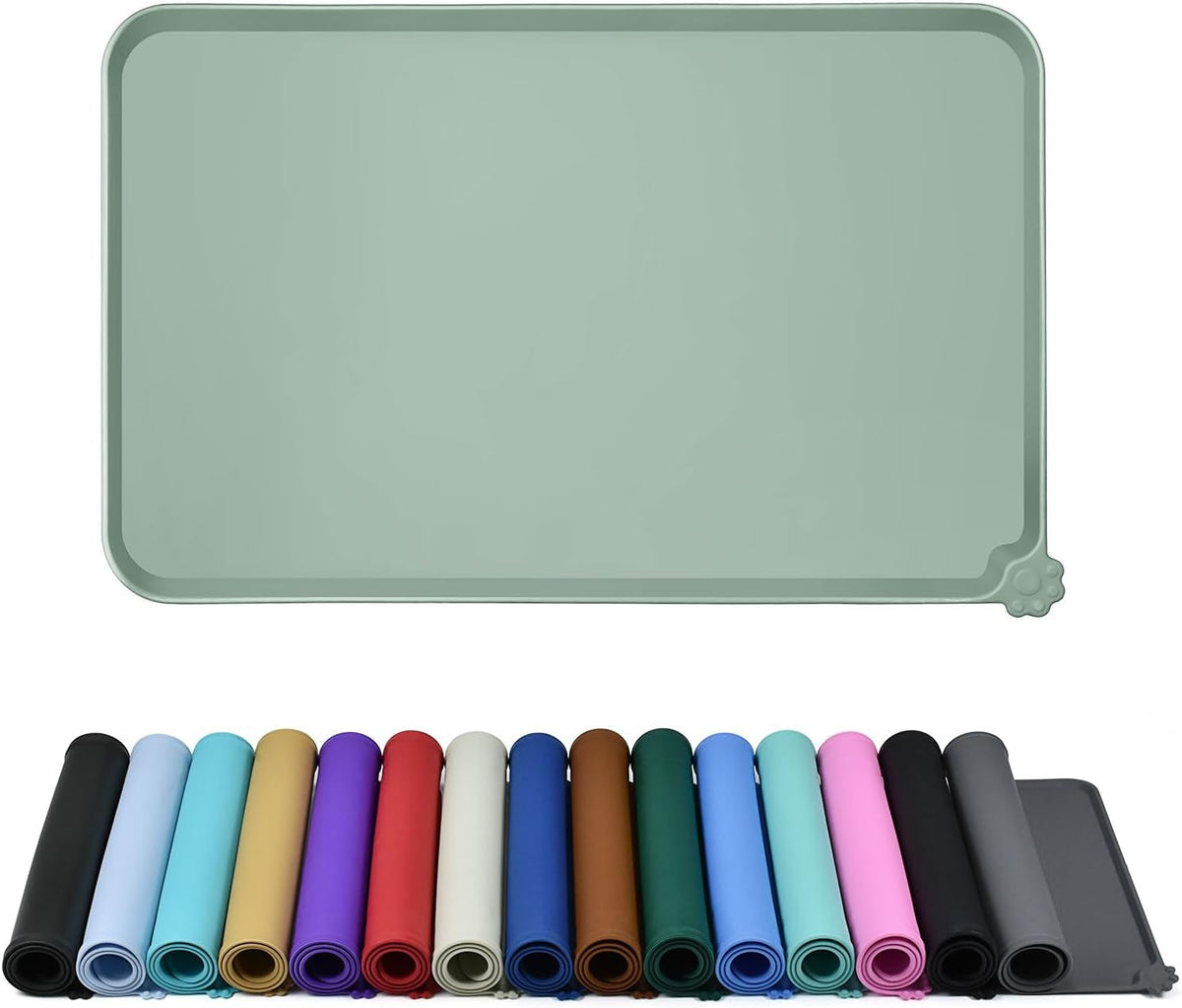 Sage green raised-edge silicone feeding mat above rolled mats in multiple colors.
