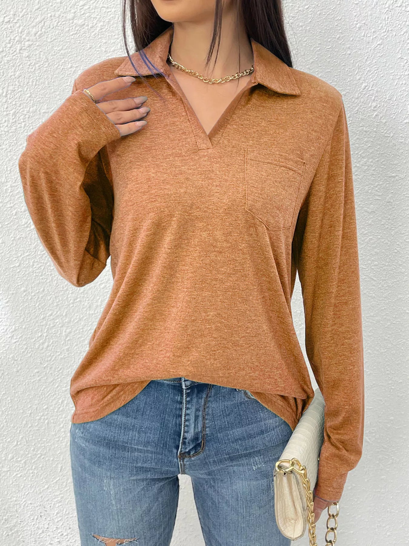 Women's Long Sleeve Polo Shirt | Casual V-Neck Pullover Top