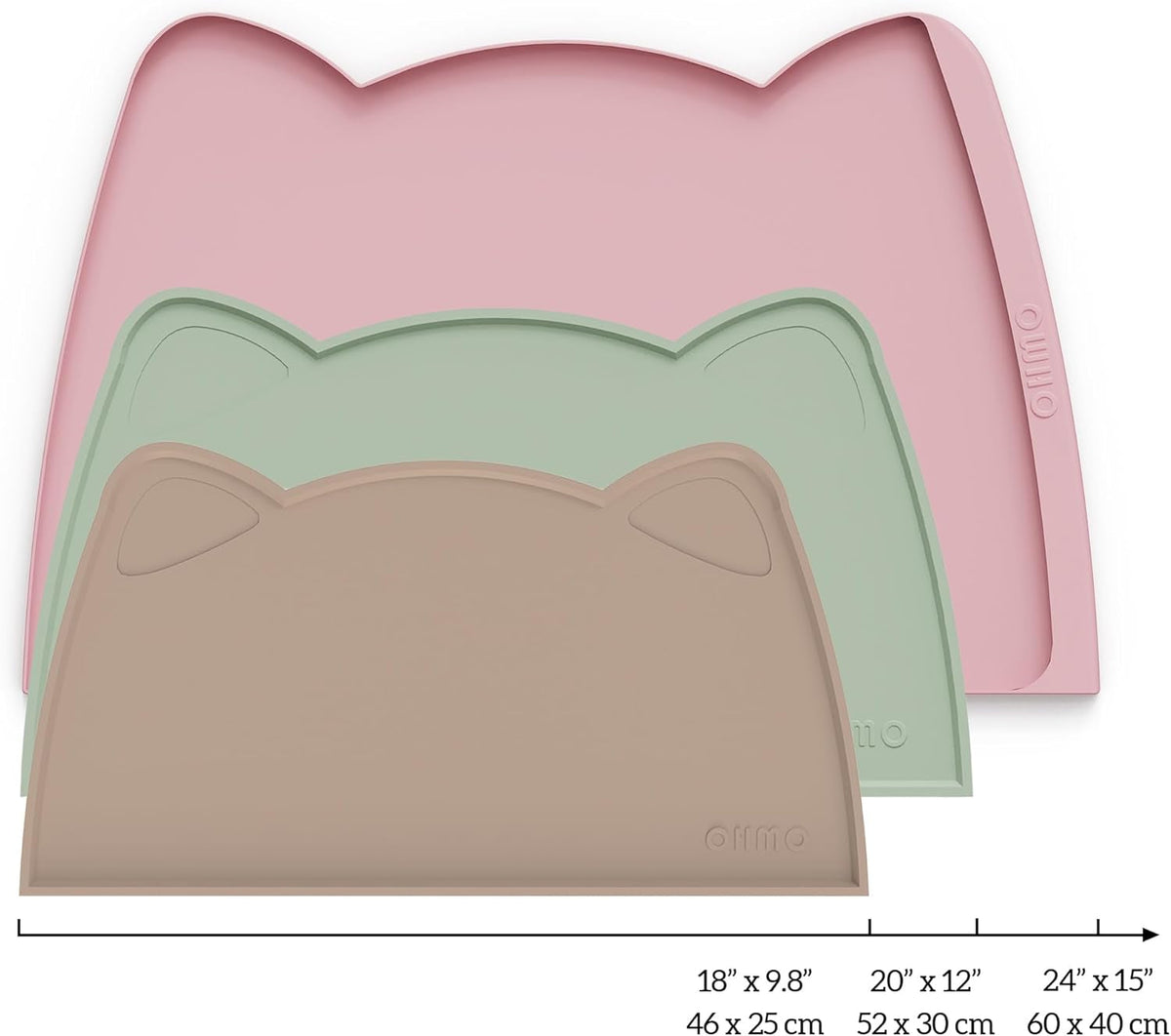 Three cat-shaped silicone mats in pink, green, and brown with dimensions displayed below.
