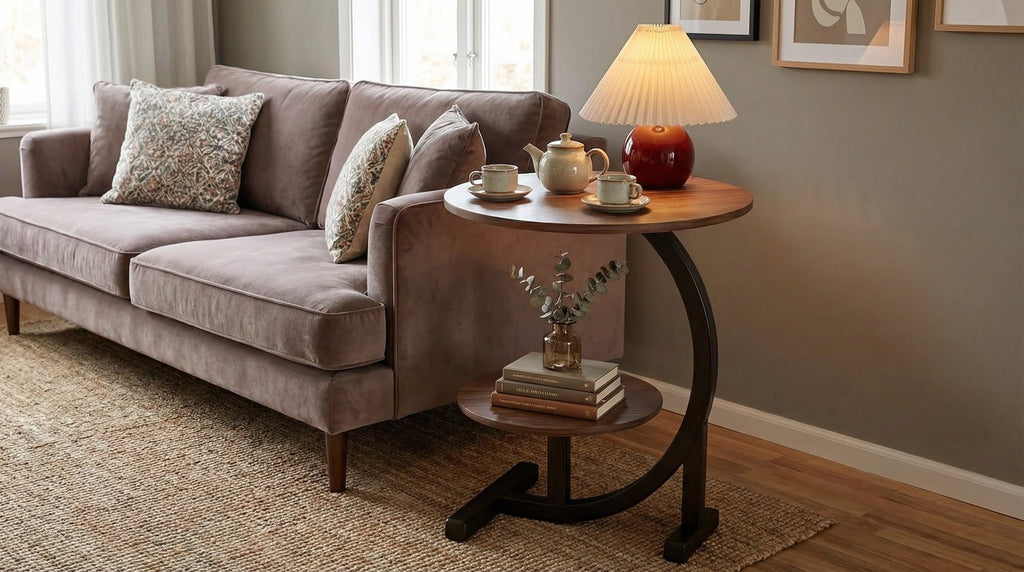 Modern Side Table – Round, C-Shape & Petal | Waterproof Surface, Wrought Iron Frame | Walnut, Black, White