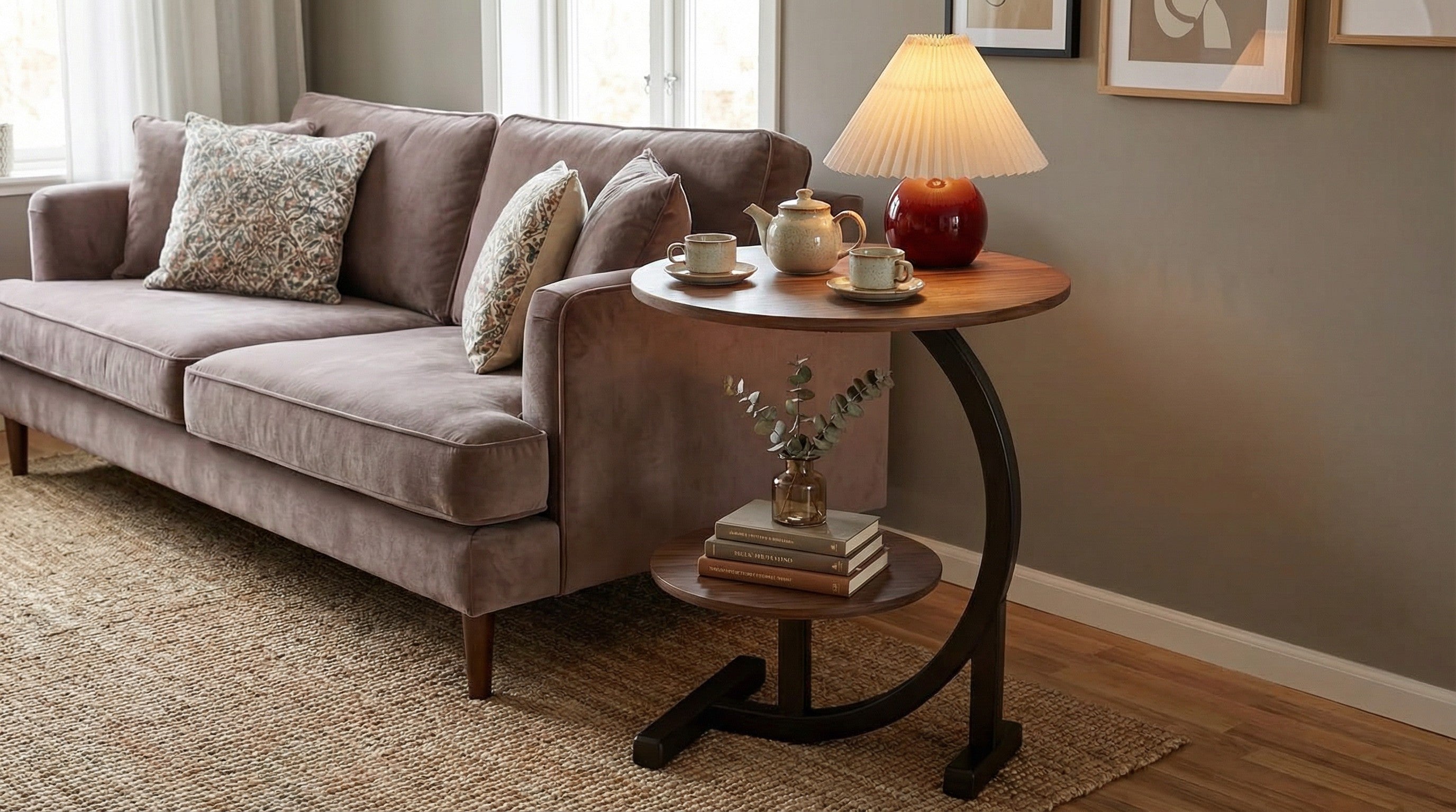 Modern Side Table – Round, C-Shape & Petal | Waterproof Surface, Wrought Iron Frame | Walnut, Black, White