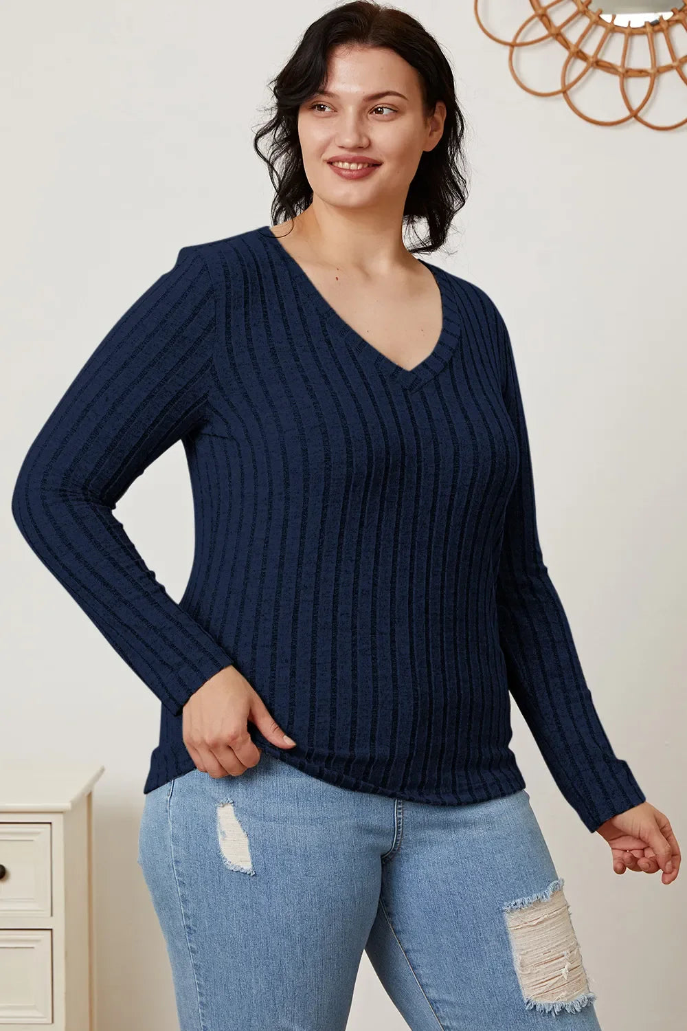 Basic Bae Ribbed V-Neck Long Sleeve Top