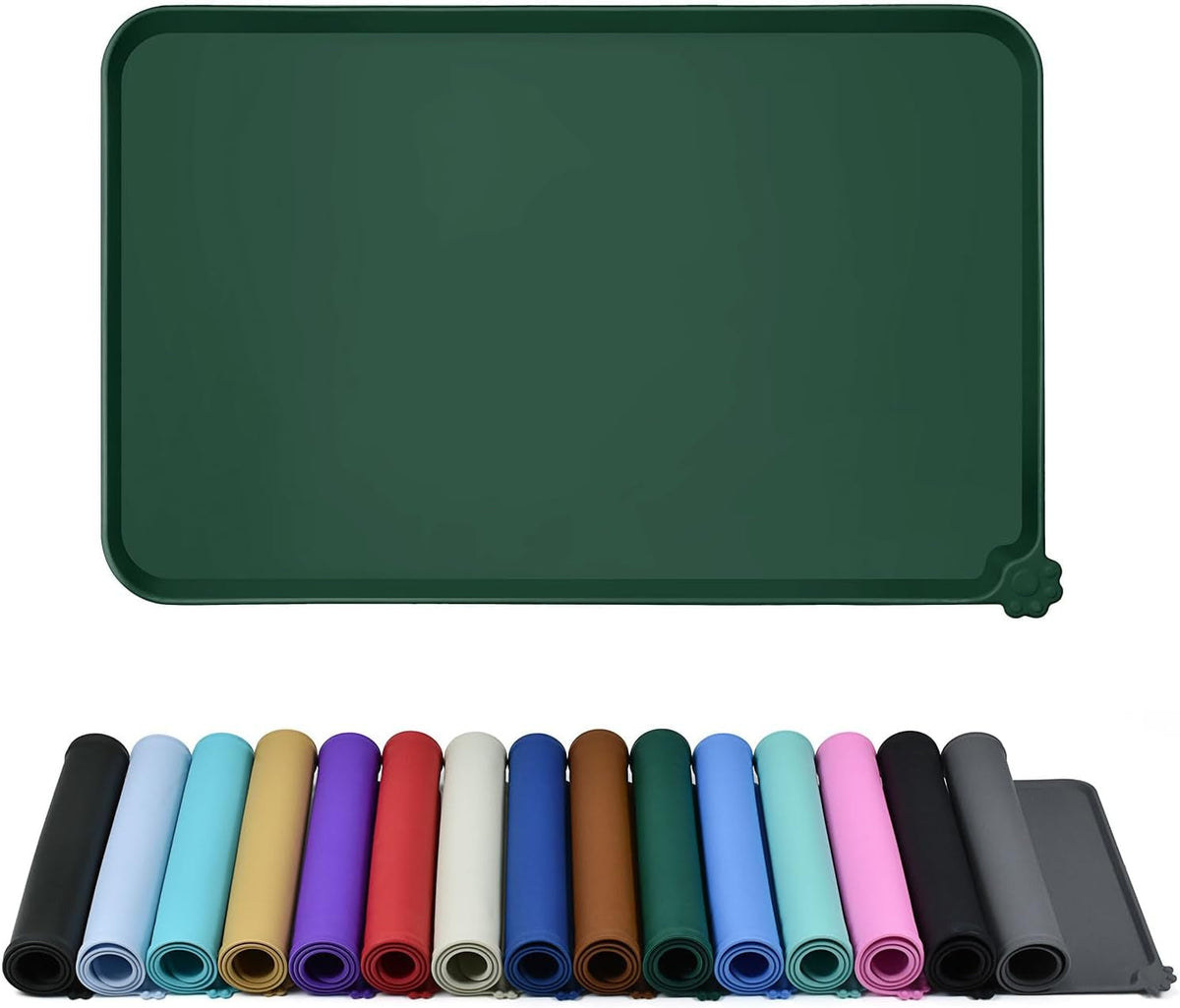 Dark green raised-edge silicone feeding mat above rolled mats in multiple colors.
