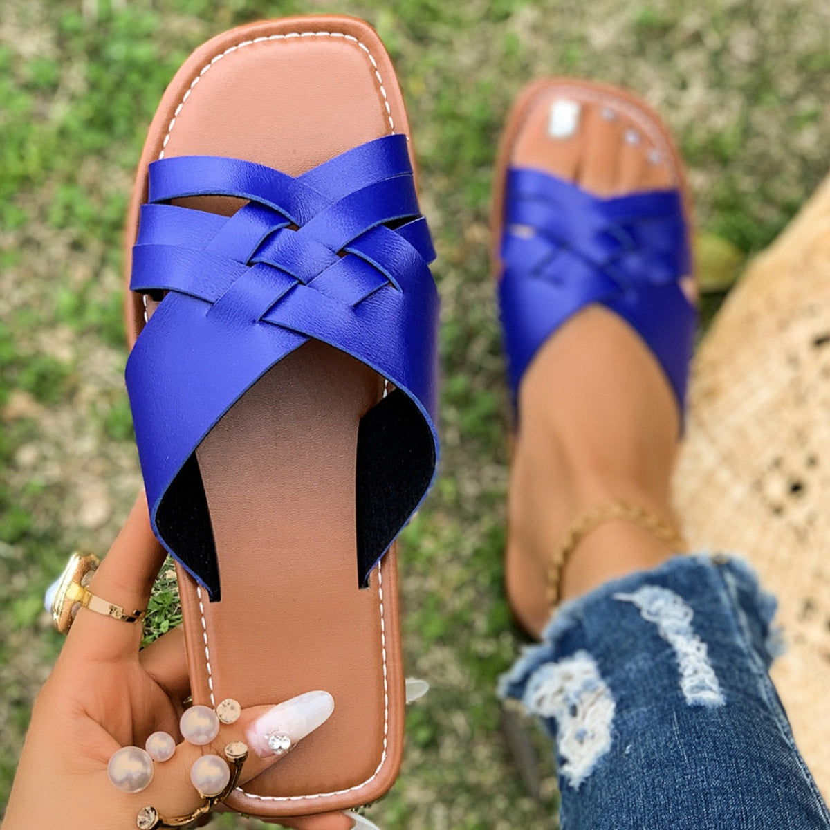 Women's Woven Open Toe Sandals | Bohemian Leather Flats