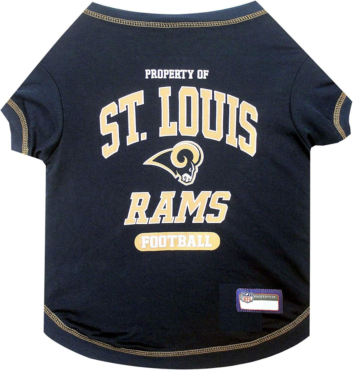 Navy blue pet shirt with 'St. Louis Rams' text and logo on a white background
