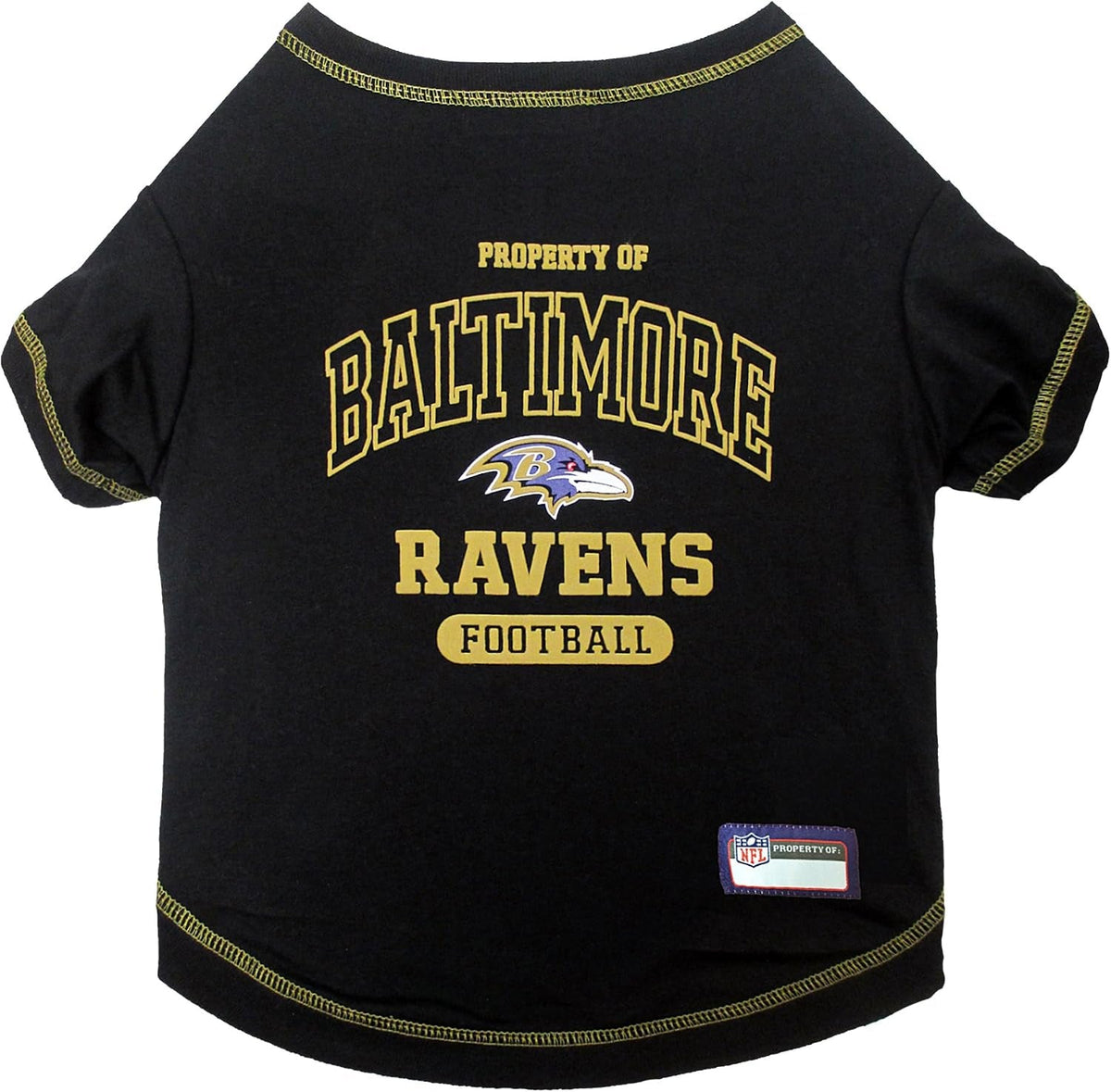 Black pet shirt featuring Baltimore Ravens football graphics, including the team logo and 'Property of Baltimore Ravens Football' text, with gold and white lettering and gold trim.