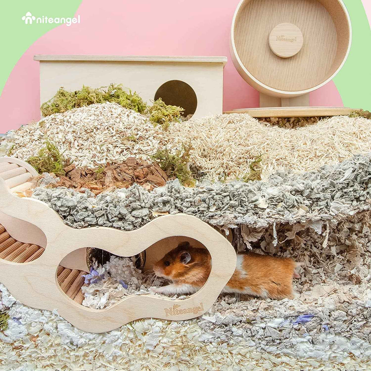 Hamster in a wooden gerbil cage with bedding and a wheel on a pink background