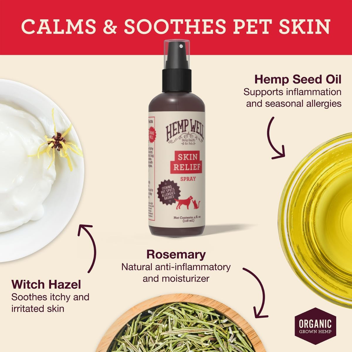 Hemp seed oil, witch hazel, and rosemary with a bottle of Hemp Well Skin Relief Spray on a beige background.