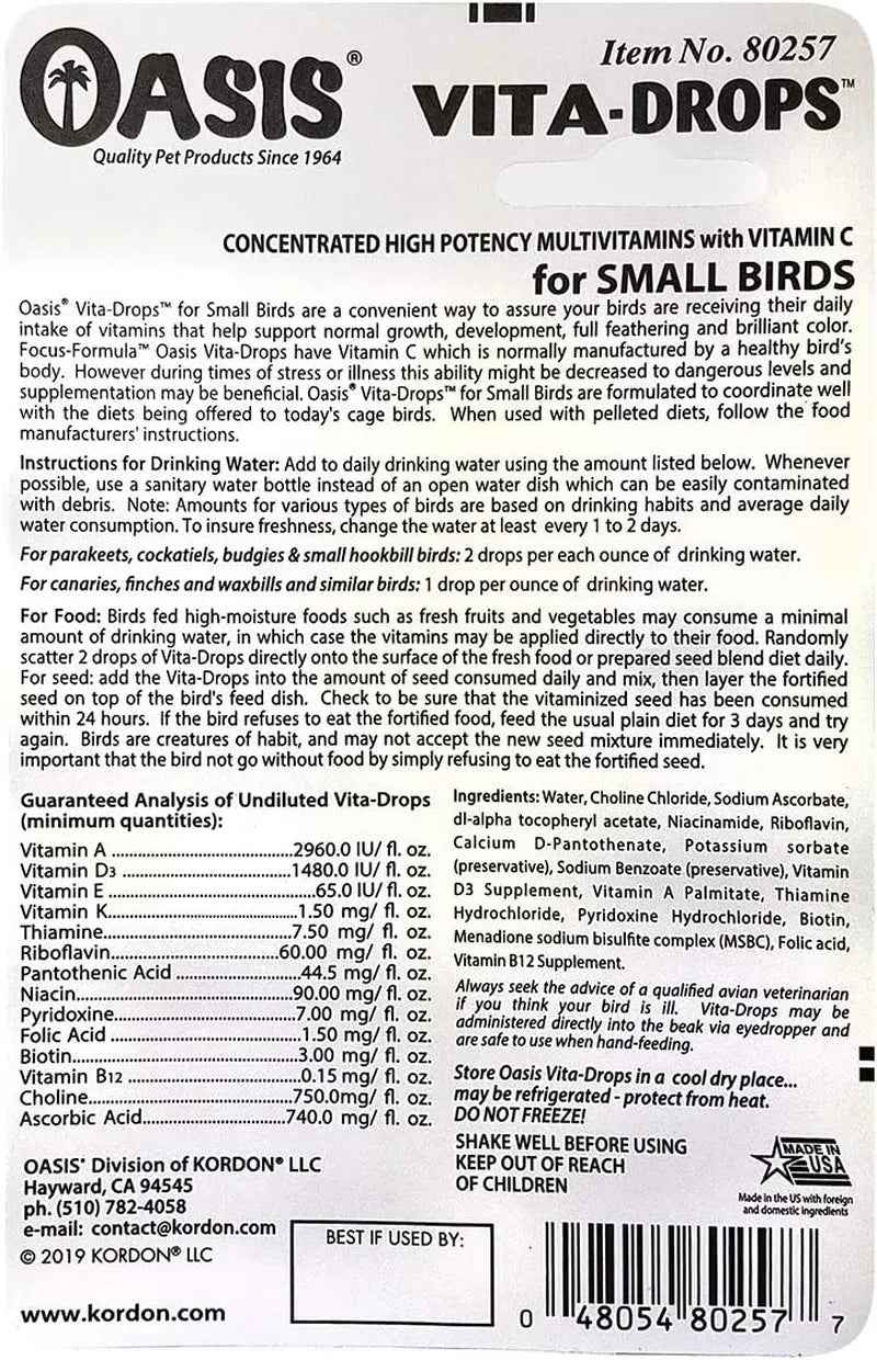 Back label of Kordon Brand 80527 Oasi's Vita Drops concentrated high potency multivitamins with Vitamin C for small birds.