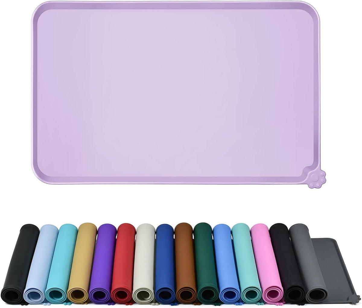 Pale lilac raised-edge silicone feeding mat above rolled mats in multiple colors.

