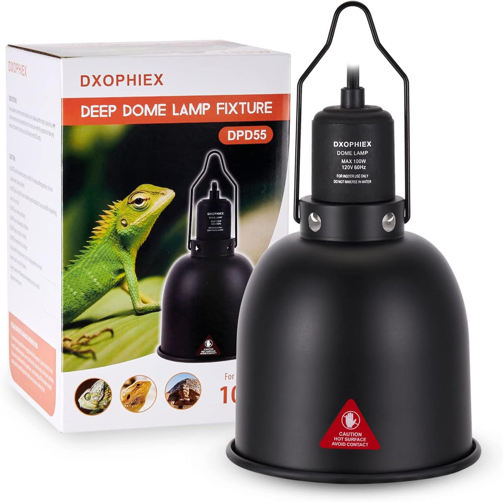Black deep dome lamp fixture with packaging featuring a green lizard on a white background