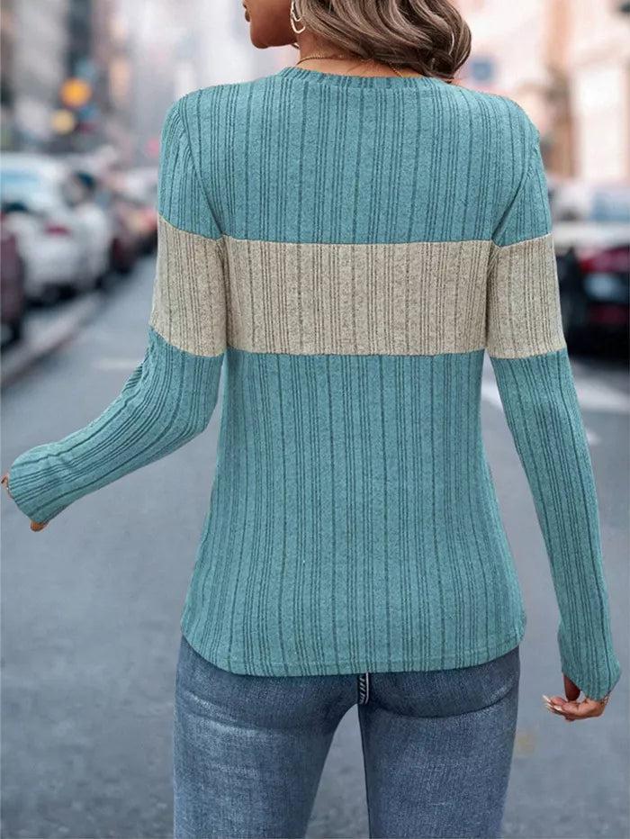 Women's Color Block Ribbed Knit Long Sleeve T-Shirt