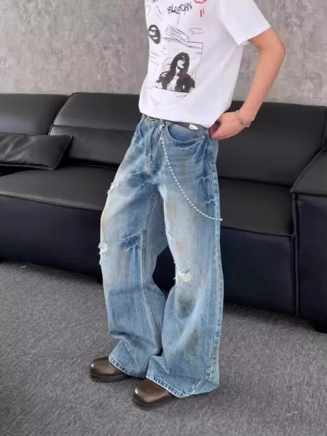 Men's Distressed Wide Leg Jeans