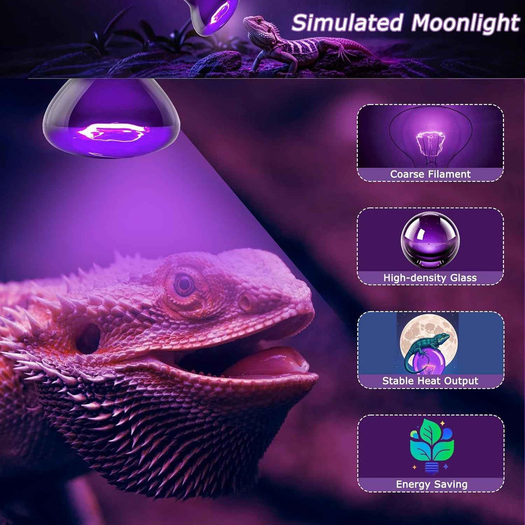 Reptile light emitting a purple glow with a bearded dragon underneath, featuring text on simulated moonlight benefits.