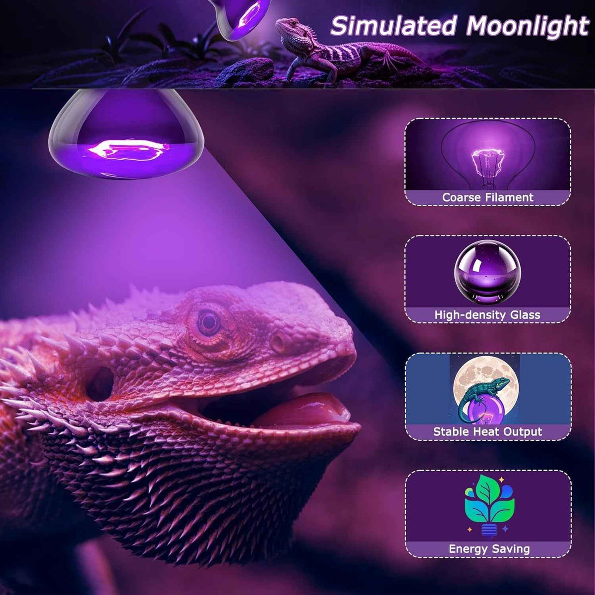 Reptile light emitting a purple glow with a bearded dragon underneath, featuring text on simulated moonlight benefits.