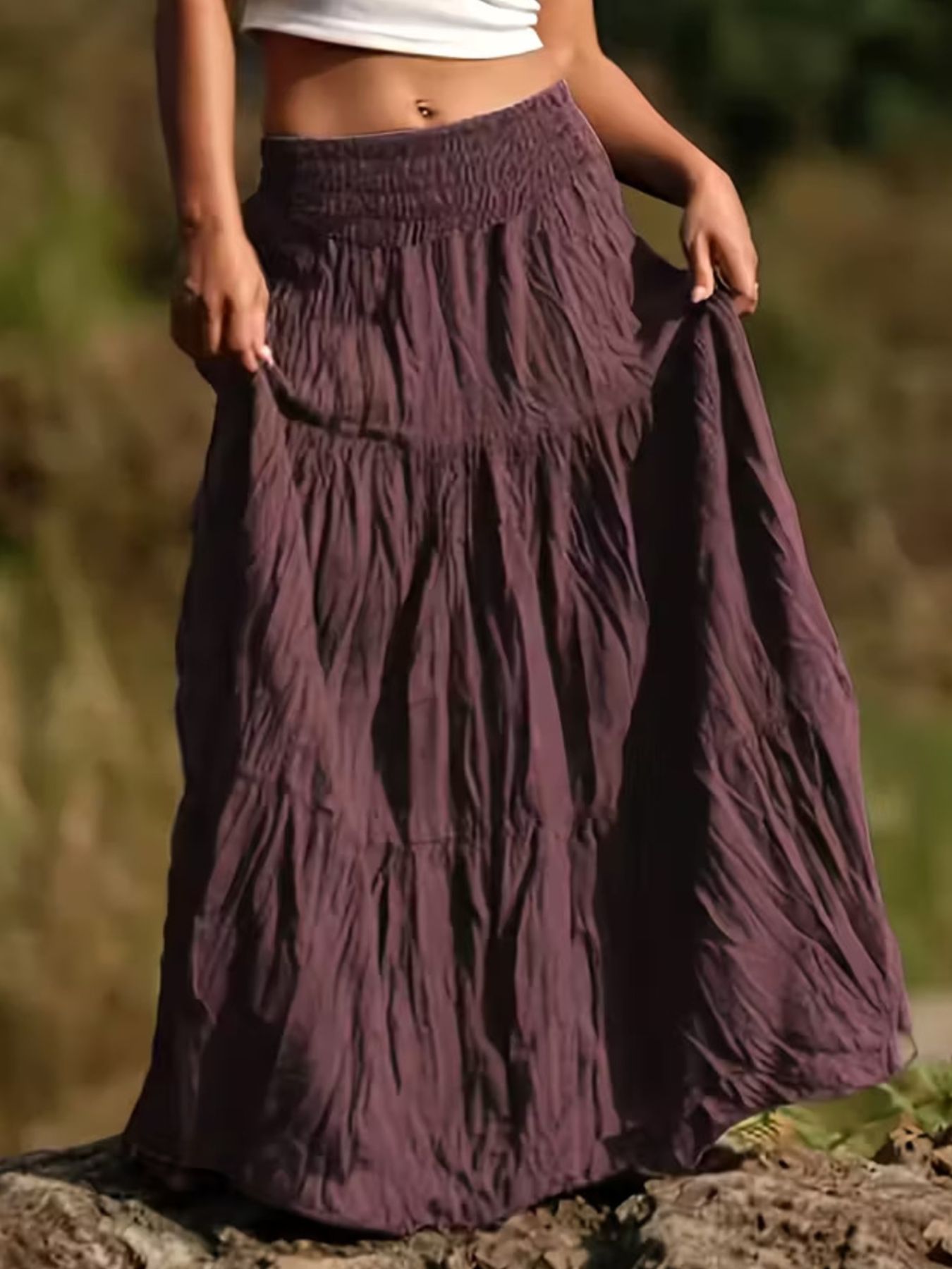 Women's Ruched Tiered Maxi Skirt | Bohemian Flowy Long Skirt