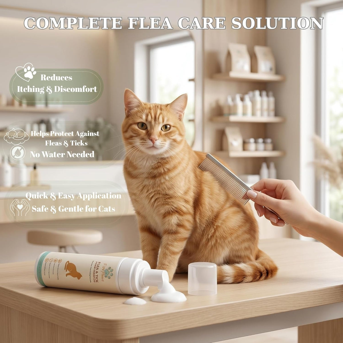 Cat being groomed with a flea comb and cream on a table in a home setting