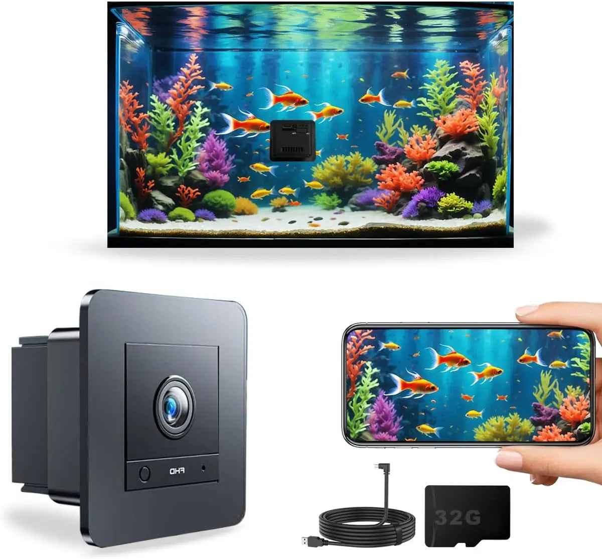 A wall-mounted aquarium camera shown with a colorful fish tank, a smartphone displaying the live feed, a power adapter, and a 32GB storage card on a white background.