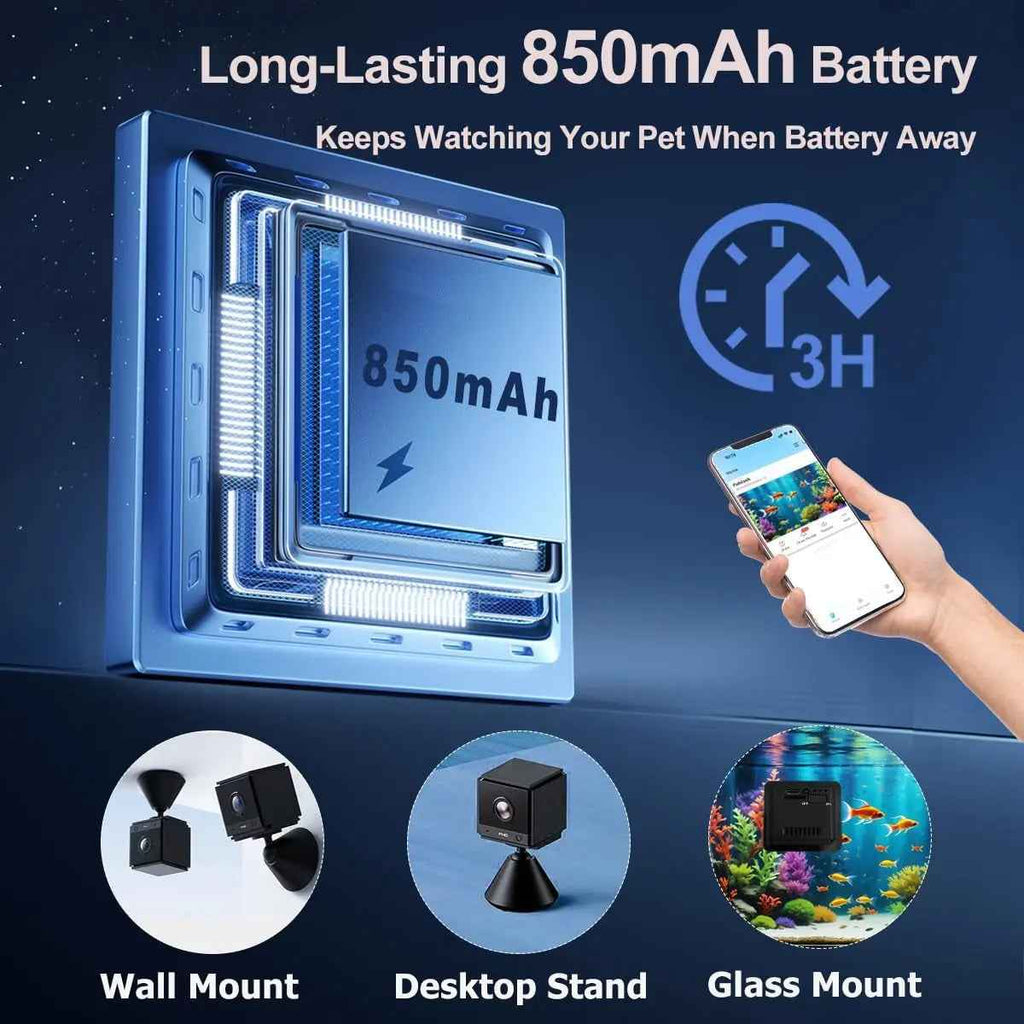 Promotional graphic for a 850mAh long-lasting pet camera battery. The main image shows a blue rectangular battery pack with '850mAh' printed on it.