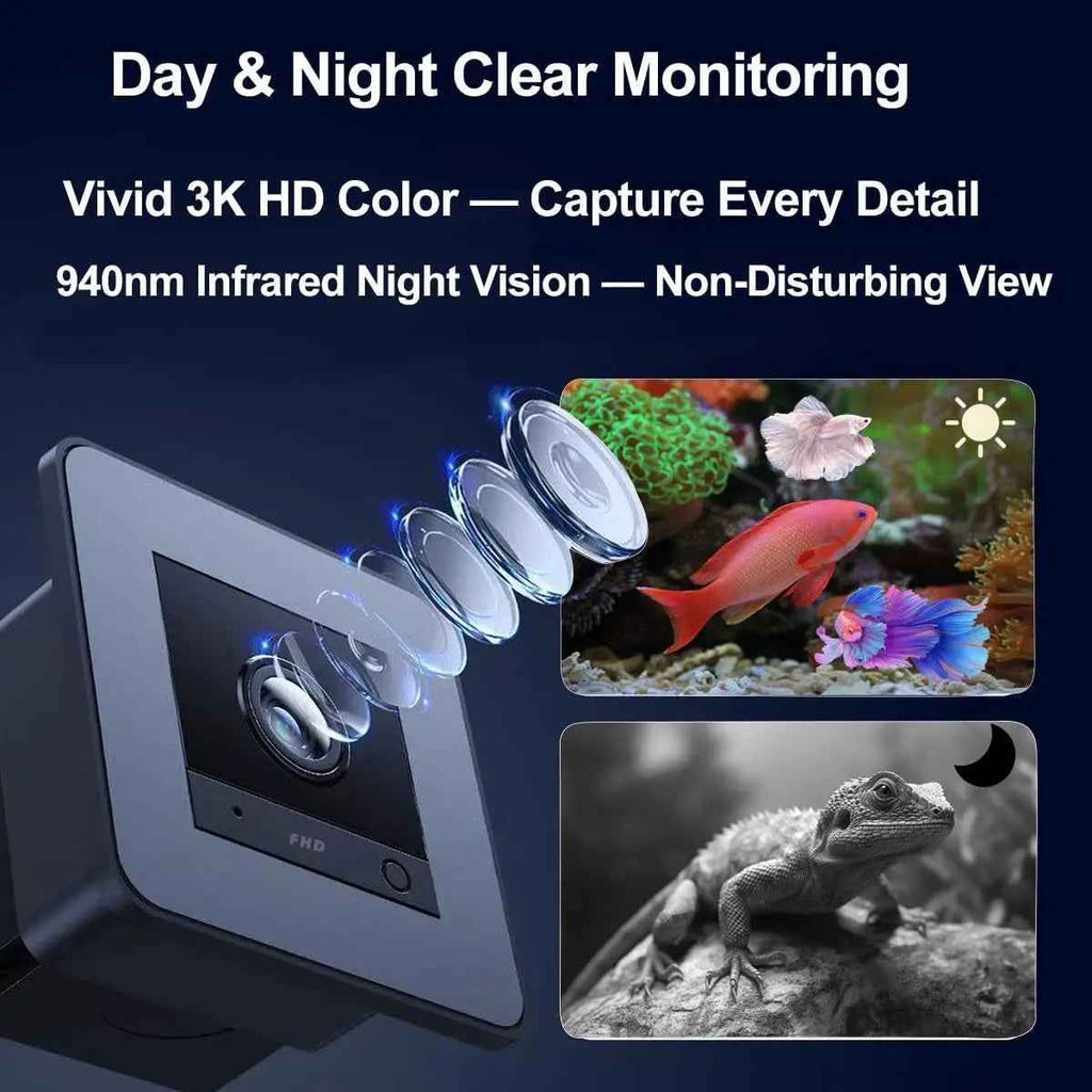 Smart security camera promotional graphic showing a square camera module with layered lens graphics and marketing text: 'Day & Night Clear Monitoring,' 'Vivid 3K HD Color — Capture Every Detail,' and '940m Infrared Night Vision — Non-Disturbing View.' Two inset preview images demonstrate color-rich daytime and black-and-white nighttime surveillance.