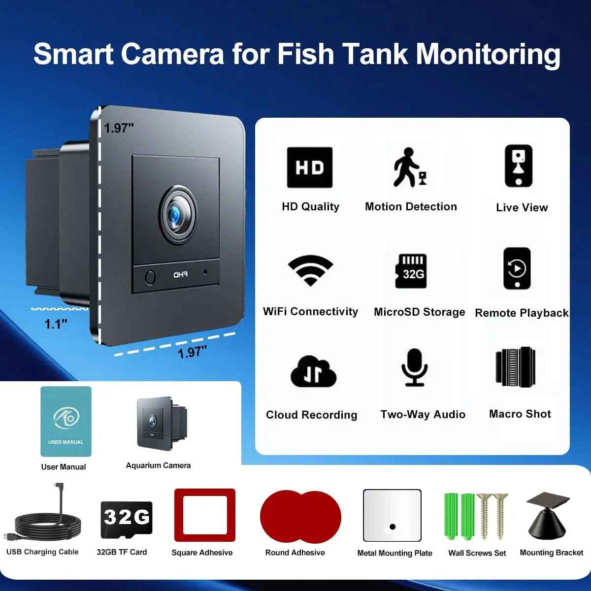 Smart camera for fish tank monitoring with features listed on a blue background