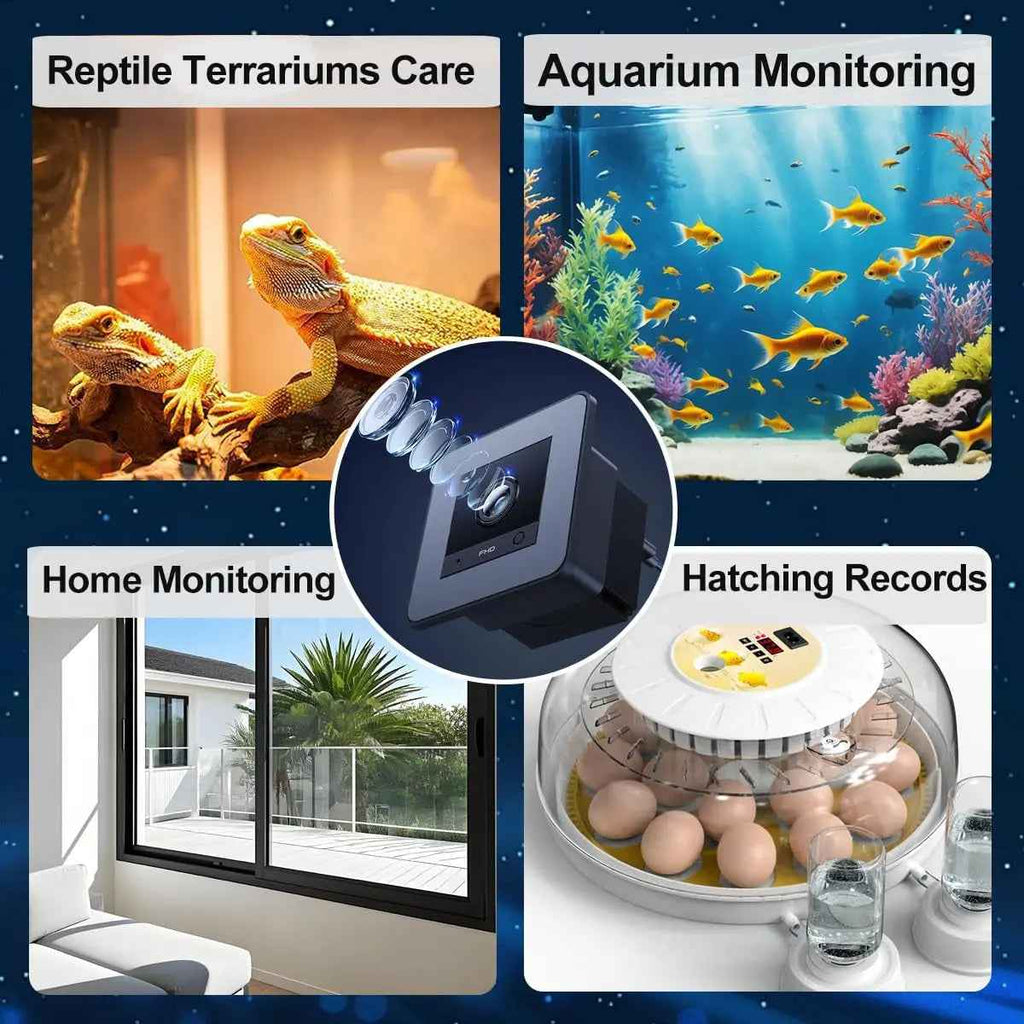 Collage of images showing applications of a device in reptile terrariums, aquariums, home monitoring, and hatching records.