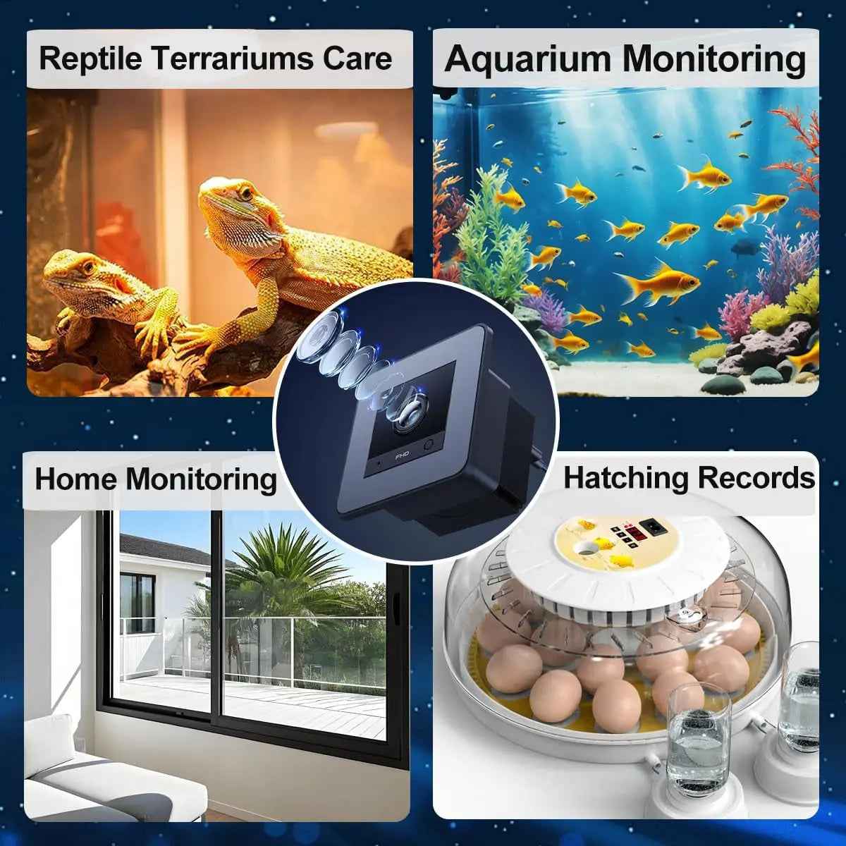 Collage of images showing applications of a device in reptile terrariums, aquariums, home monitoring, and hatching records.