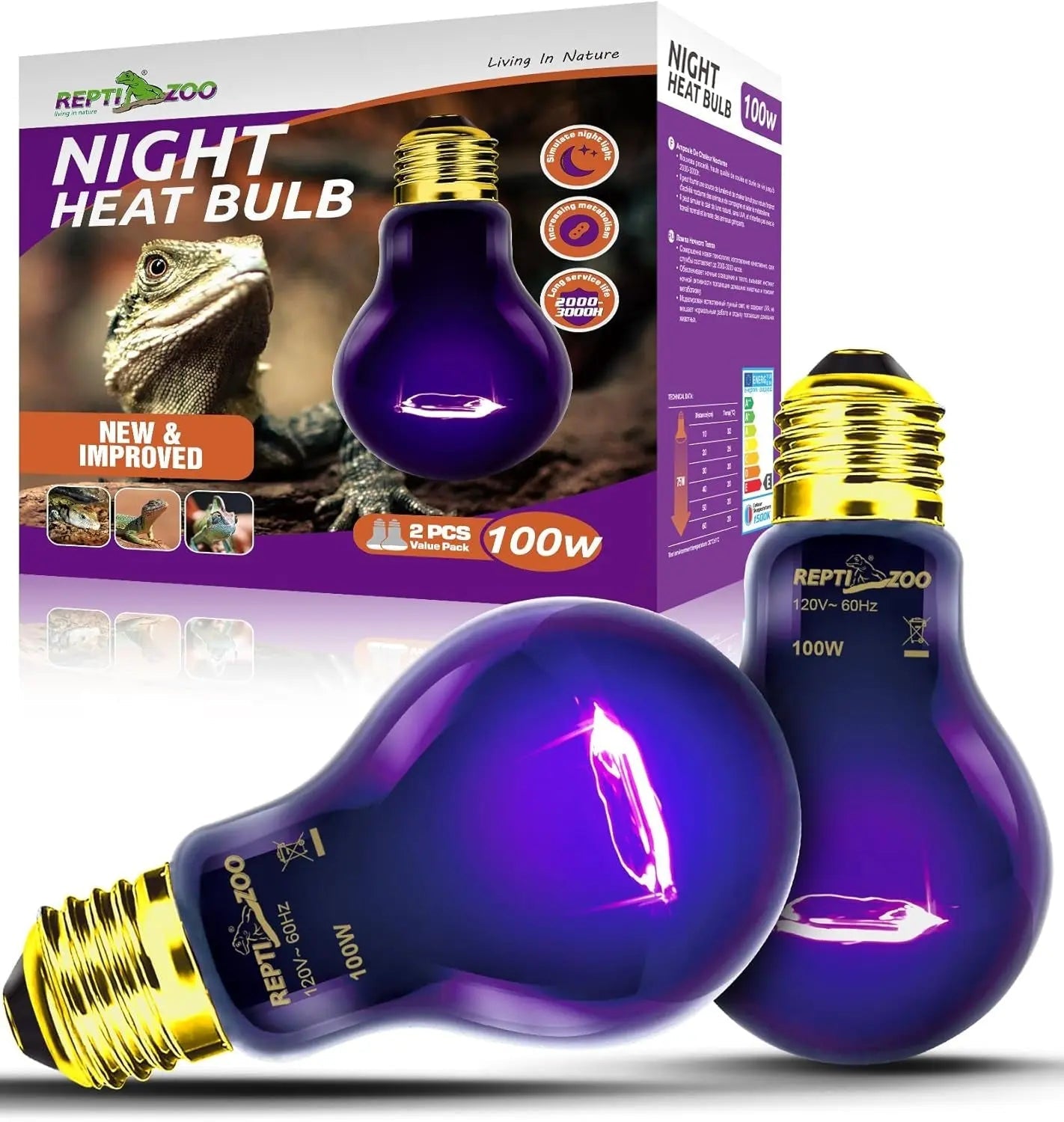 Reptile Night Heat Lamp Bulbs – 2-Pack Purple Moonlight Bulbs, No UVA | 75W & 100W | E26/E27 Base